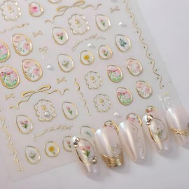 Flower Nail Stickers Tulip Glue Irregular Geometric Frames Nail Stickers for Nail Art 5D Embossed Spring Nail Decals Gold Frames Nail Art Nails Supplies DIY Acrylic Nail Accessories