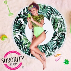 Sorority Shop Gamma Phi Beta Palm Design Round Beach Towel with Fringes - 60", Round Beach Blanket, Soft Microfiber, Lightweight and Durable GPB Beach Towel Blanket, Water Absorption, Quick Dry