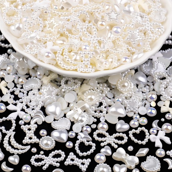 1200Pcs 3D Multi Shapes Nail Charms and Flatback AB Pearls,
