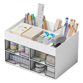 Desk Organizer with Drawer, Makeup Organizer, Office Supplies Caddy Stationary Accessories Storage Box Desktop Pen Holder for Home Office and School (White)