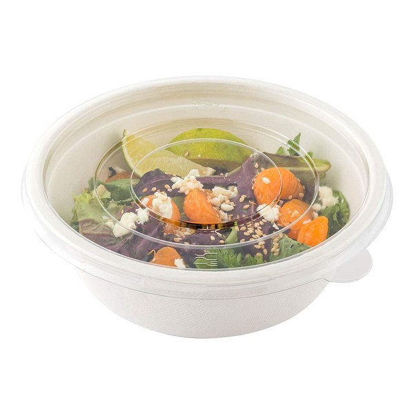 Restaurantware LIDS ONLY: Pulp Tek Clear Plastic Flat Lids 100 Disposable Lids For Salad Bowls - Bowls Sold Separately Built-In Tab Clear Plastic Flat Lids Fits 32 Ounce Bagasse Bowls