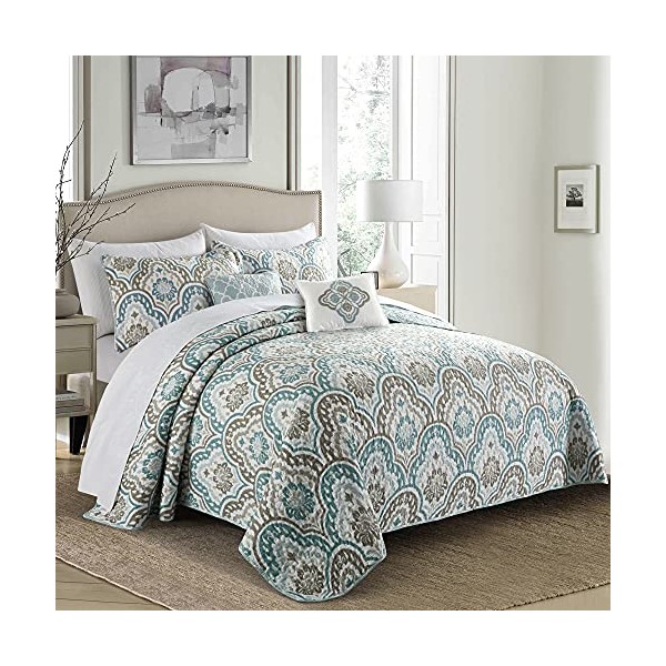 Home Soft Things Tivoli Ikat Queen Size 90" x 90" 5 Piece Teal Aqua Printed Prewashed Quilted Coverlet Bedspread Bed Cover Set for All Season, Lightweight Quilt Blanket with Matching Shams Pillows