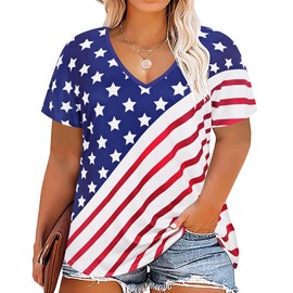 TIYOMI Plus Size Tops for Women 4XL American Flag Print V-Neck Raglan Stars Stripes Print 4Th of July Short Sleeves T Shirt Blue Red 24 26 Plus