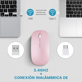 YOMYM Mouse Ratón óptico Inalámbrico Recargable 2.4 G, Silencioso Click con Receptor USB y Tipo-c Adaptador 3 Ajustable dpi Ratón para Computadora, Ideal para Ordenadores portátiles, PCs, Rosa