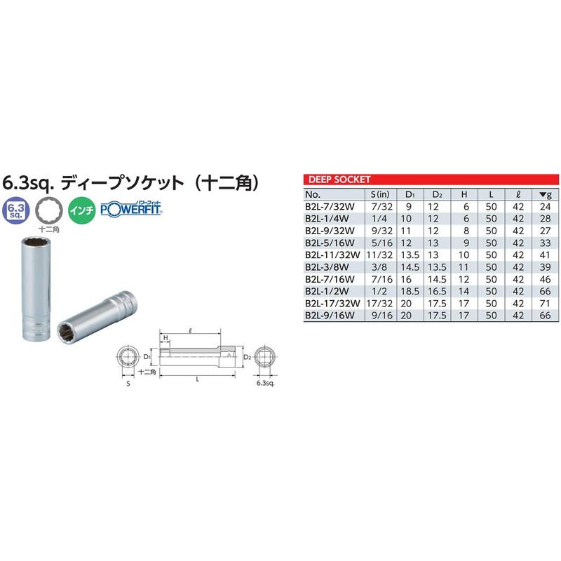 京都機械工具(KTC) 6.3mm (1/4ンチ) ディープソケット (十二角) B2L-3/8W