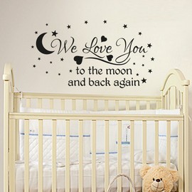 WE LOVE You to The MOON and BACK again, quote wall art sticker decal, for baby boys or girls nursery, BLACK, 75x41 cm