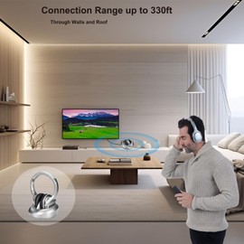 Wireless Headphones for TV with RF Transmitter & Charging Dock, Over-Ear Headsets for Seniors, No Audio Delay, 330ft Wireless Range, Support Digital Optical/RCA/AUX(Silver)