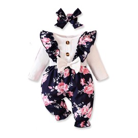 PaPaai Sara 0-3 Months Newborn Girl Clothes Baby Girl Fall Clothes Long Sleeve Floral Romper Navyblue Girl Coming Home Outfits Set Infant Clothing for Girls+Cute Headband Bow