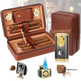 Travel Cigar Humidor, Cedar Wood Lined, with All-in-one Cigar Lighter, Built-in V Cutter& Holder, Cigar Draw Enhancer, Hygrometer & Humidifier, Leather Cigar Case with Cigar Accessories Hold 6 Cigars