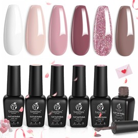 Beetles Wedding Gel Nail Polish Set - 6 Colors Nude Pink Mauve White Glitter Gel Polish Kit, Soak Off UV Led DIY Nail Art Home Manicure for Bride
