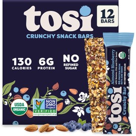 Tosi Almond Blueberry Protein Bars, Plant Based with Nuts, Gluten-Free Crunchy Snacks, Vegan, Organic, Flax & Chia Seeds, Soy-Free, Omega 3s, 5G Protein, 1 oz, 12-Pack