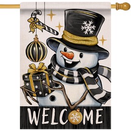Dyrenson Welcome Christmas Snowman Black Gold 28 x 40 House Flag Double Sided, Xmas Gifts Garden Yard Decorations, Winter Holiday Burlap Outdoor Decor Decorative Large Flag
