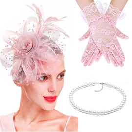 Fascinators Tea Party Hat and Gloves for Women Girls Elegant Feather Headpiece Kentucky Derby Hats Headband Hair Clip for Wedding Church Costume Event, Blush Pink