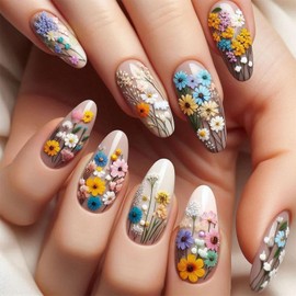 CJDLTS Flower Press on Nails Medium Almond Shaped Colorful Daisy Pattern Design Artificial False Nail Spring Summer Press Ons Stick on Nails Full Cover Glossy Glue on Nails for Women Manicure 24Pcs