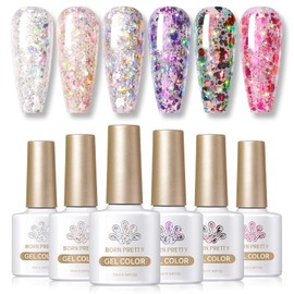 Born Pretty Glitter Sequins Gel Nail Polish Sparkly Shiny Pink Yellow Blue Green Gel Nail Polish Set Soak Off U V Nail Gel Nail Art Manicure Varnish Kit 10ML 6PCS