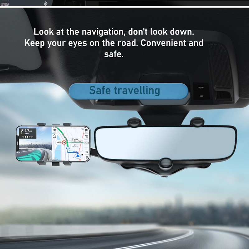 Car Rearview Mirror Phone Holder Adjustable 360 Degrees Rotation Multifunctional