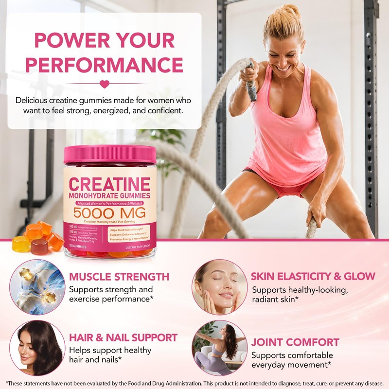 Creatine Monohydrate Gummies 5000MG with L-Taurine, BCAA, B12/6, 120 Count