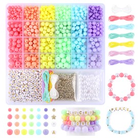 MAKERSLAND Candy Color Acrylic Beads Kit Pastel Round Beads Assorted Plastic Beads Kit Letter Pearl Colorful Elastic String CCB Cute Loose Spacer Bulk for Bracelets Necklace Jewelry Making DIY Crafts