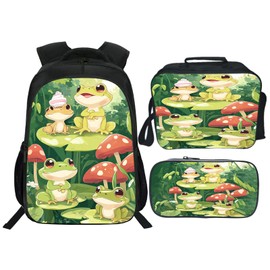 Fuzawet Cute Frog Backpack 3PCS 16" Preschool Elementary Schoolbag with Lunch Box Pencil Case Bookbag Set for Girls Boys Kids Children Teens School Students