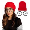 Xnetsby Red Knit Beanie Winter Hat with Black Oversized Square