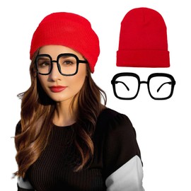 Xnetsby Red Knit Beanie Winter Hat with Black Oversized Square Glasses Costume Set