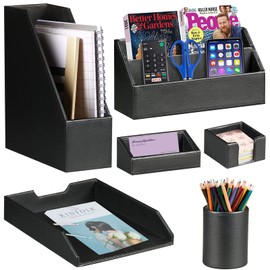 Ayunga PU Leather 6-piece Office Supplies Combination Set,Pencil Cup,Business Card Holder,Sticky Note Dispenser,Mail Sorter,Letter Tray,Files Holder,Suitable for Self-use and Friend Gifts(Black)