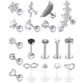 Tornito 18Pcs Cartilage CZ Stud Earrings Conch Forward Helix Tragus Daith Piercing Lip Rings Snake Heart Jewelry for Women Men 16G Silver Tone
