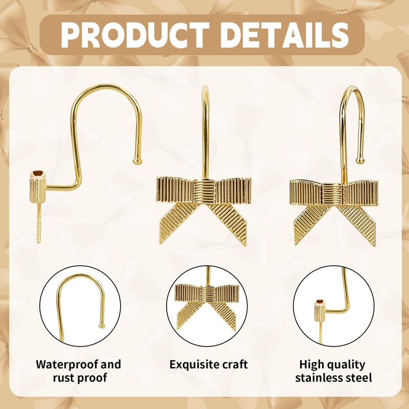 CTOHN 12-Piece Gold Bow Shower Curtain Hooks, Cute Metal Bows