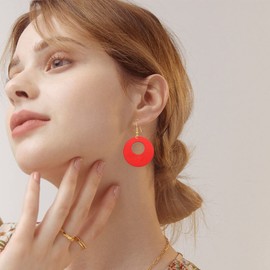 Seakuur Hollow Out Natural Wooden Earrings for Women Vintage African Bohemian Ethnic Wood Big Round Circle Geometric Lightweight Dangle Drop Hook Earrings (Red)