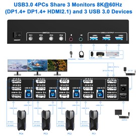 8K@60Hz 2 Displayport +HDMI USB3.0 KVM Switch 3 Monitors 4 Computers, 2 DP 1.4 +HDMI 2.1 Triple Monitor KVM Switch with Audio Microphone +3 USB3.0 Ports, Triple Monitor Keyboard Mouse Switcher
