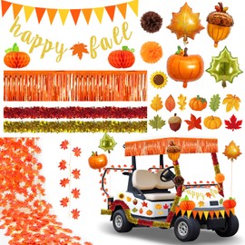 Cinrobiye Fall Party Decorations Autumn Golf Cart Decoration Kits Thanksgiving Party Parade Car Decor with Fall Leaf Garland Tissue Pom Poms for Home Wedding Farmhouse Harvest Party Decor Supplies