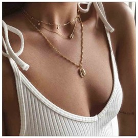 Yheakne Boho Coin Disc Necklace Choker Gold Layered Shell Pendant Necklace Vintage Seashell Necklace Retro Singapore Chain Necklace Jewelry for Women Gifts