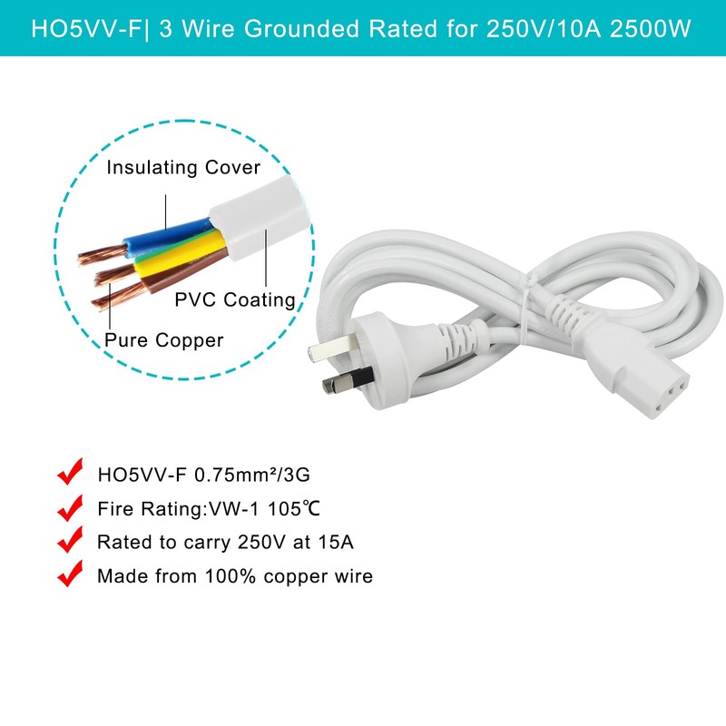White PC IEC Power Cable 2m Ac 250V 10A Australian