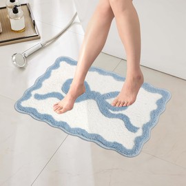 DALIUSE Blue Bow Bathroom Rugs, Preppy Scalloped Rug Cute Bath Mat Girly Shower Rug Coquette Aesthetic Bath Mat Bow Decor for Bedroom, Kitchen, Bathroom Floor (Blue, 16" x 24" - Small)
