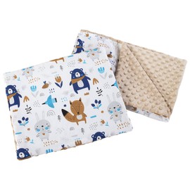 Medi Partners Baby Blanket Crawling Blanket with Cushion 100% Cotton Minky Children's Blanket 55 x 75 + 35 x 30 cm Multifunctional for Pushchairs Baby Seat Cradle (Animals in the Forest with Beige