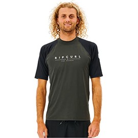 RIP CURL Mens Shockwave Short Sleeve Rash Vest Top - Black Marle - UV Sun Protection and SPF Properties
