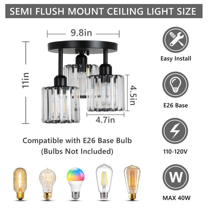 PAUFUL Crystal Semi Flush Mount Ceiling Light,3-Light Modern Close to