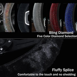 Muamos Bling Steering Wheel Cover for Women Girls, Black Rhinestone Diamond Sparkling Fur Fluffy Steering Wheel Accessories Elastic Steering Wheel Covers Winter Warm Universal Fit 14-15 inches