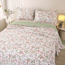 WINLIFE 100% Cotton Quilt Queen Size Floral Bedding Set Botanical Garden Flowers Lightweight Quilts Reversible Coverlet Bedspread with 2 Pillow Shams All Season 3 Pieces (90"x98")