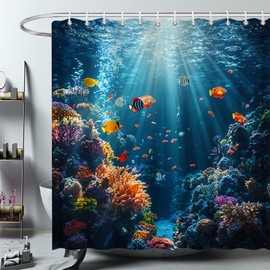 ZFMRZF Ocean Underwater World Shower Curtain Colorful Tropical Fishes Turtle Coral in The Deep Sea Nautical Seabed Scene Bathroom Polyester Curtains Set with Hooks 70x70 Inch