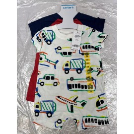 Carter's Carters Baby Boys 6 Months Snap On Romper White W/ Vehicles Red 2 Pack AM33