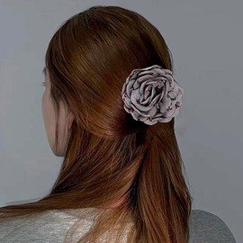 Yheahin Vintage Grey Fabric Flower Hair Clip for Women Large Rose Barrette With Bow Heart Pattern Elegant Floral Headpiece Hair Accessories for Dance Tea Party (Red bow)