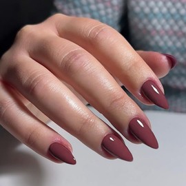 KQueenest Soft Gel Press on Nails Almond Medium, Purple False Nails Almond, Glossy Solid Plum Stiletto Fake Nails Set, Natural Reusable Stick on Nail for Women Finger Daily Wear 24 Pcs