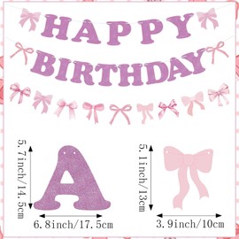3Pack Bow Happy Birthday Banner Glitter Pink Bow Garlands for Girls Women Bow Birthday Party Decorations Bridal Shower Baby Shower Party Supplies