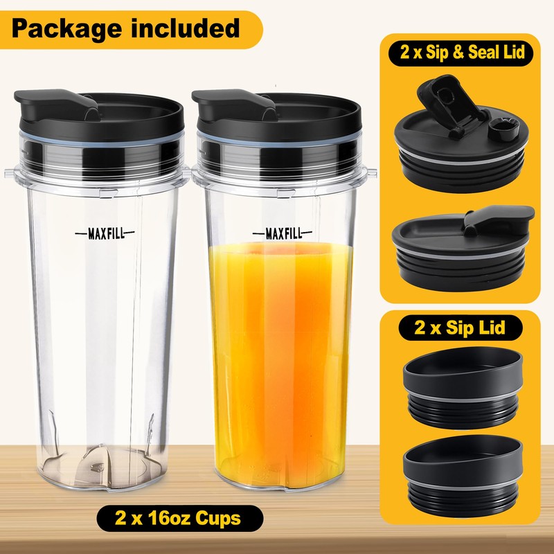 2Pcs Replacement 16oz Blender Cups with 4Pcs Sip & Seal