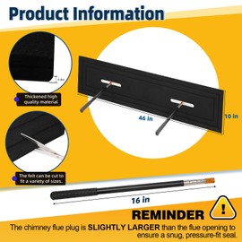 10"x 46" Rectangular Fireplace Flue Plug-Fits 9"x45" and Smaller Chimney Flues-Replacement Draft Stopper & Damper Tool for Wood Stove & Fireplace-Blocks Odor & Debris, Reduces Heat Loss, Energ-Saving