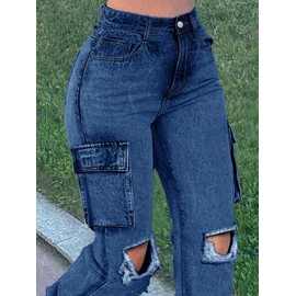 Women's Distressed Ripped Cargo Jeans High Waisted Straight Leg Denim Pants Boyfriend Y2K Streetwear Pants Navy Blue