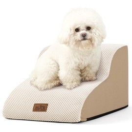 COZY KISS Dog Stairs for Small Dogs 11.8" H, Curved Dog Step for Puppy, Older Cat, Medium Pet Ramp for Sofa, Couch or Chair, Ladder with High Density Foam, 2 Step, Beige