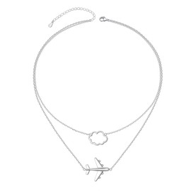 Airplane Cloud Necklace 925 Sterling Silver Layered Choker Necklace for Women Mother Daughter Sister, Best Gifts for Stewardess Flight Attendants Pilots Airplane Jewelry Souvenirs, 14/16+2 inch