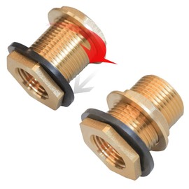 Hourleey Solid Brass Bulkhead Fitting, 1/2" Female 3/4" Male GHT Solid Brass Water Tank Connector Theaded with Rubber Ring (2-Pack)